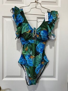 Edel Qual One Piece Swim-suit Bathing-Suit Tropical Print Ruffle Detail Size S